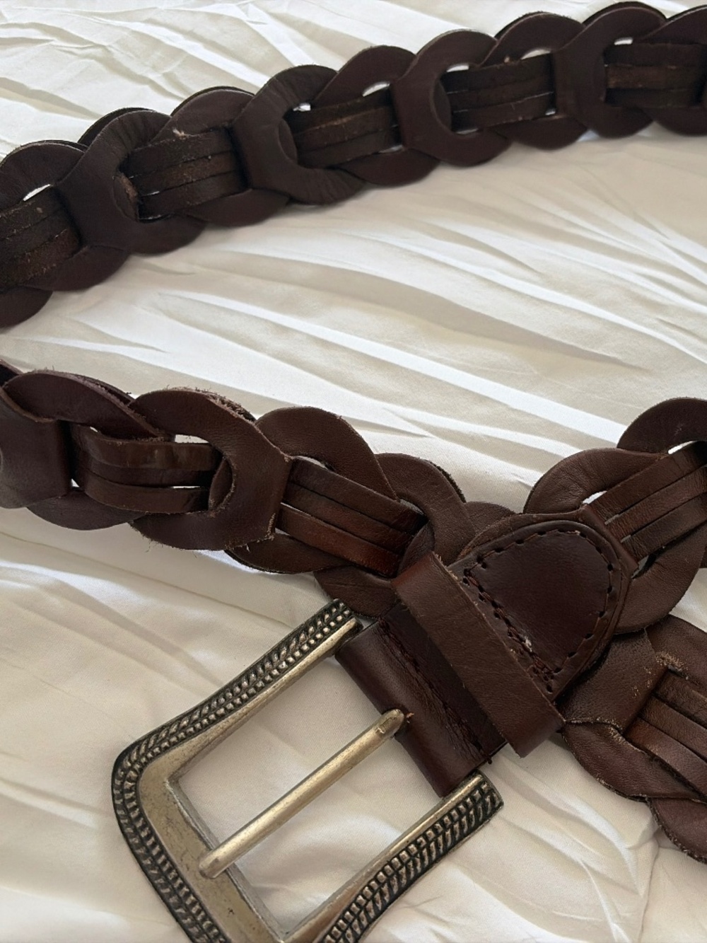 Vintage dark brown leather belt silver buckle
